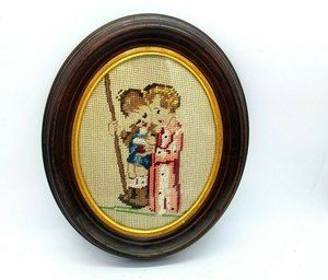 VTG Needlepoint Cross stitch Picture Boy & Girl Oval-framed Brown & Gold 9 X 12